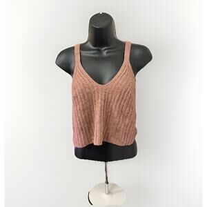 Sincerely Jules Women’s Large Pink Ribbed Knit Crop Tank Top Sleeveless V Neck